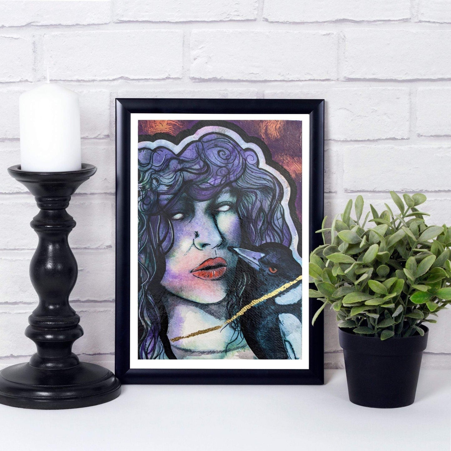 the morrigan with a magpie, giclee print, beautiful art print, cheap art print, directly from the artist Dianne Bowell, middlesbrough artist