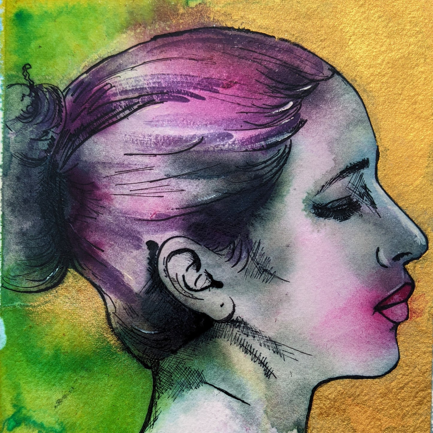 primrose, fairy maid to Titania from a Midsummer nights dream, and original ink painting by Dianne Bowell, female britsih artist from Middlesbrough