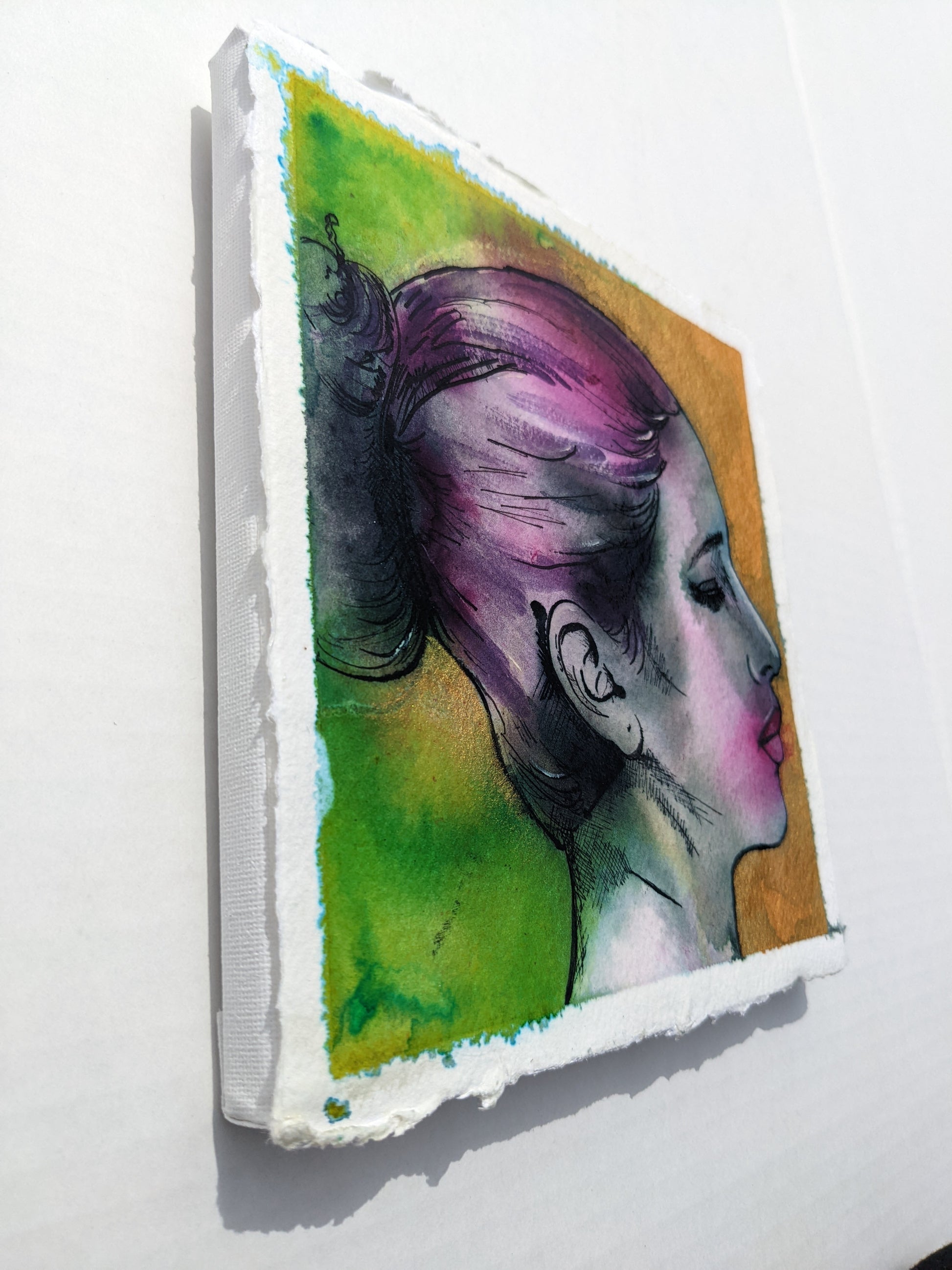 side view of the original painting, Primrose, maid to titania, primrose, fairy maid to Titania from a Midsummer nights dream, and original ink painting by Dianne Bowell, female britsih artist from Middlesbrough