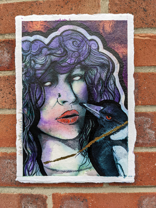 the Morrigan, magpie art, original painting by british female artist Dianne Bowell from Middlesbrough. Feminine ethereal painitng. purple and gold wall art
