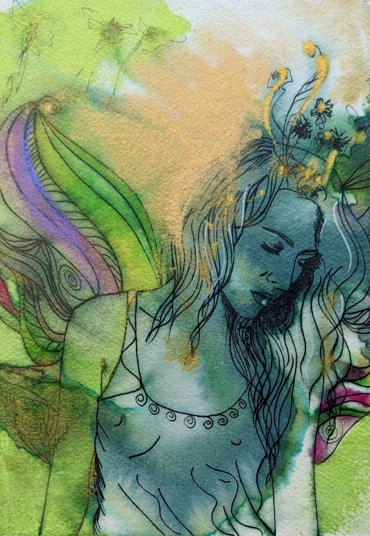 Full image of the original fairy tale painting of Peaseblossom, fairy maid to fairy Queen Titania, from Shakespears midsummer nights dream, beautiful fae figure by british female artist Dianne Bowell Based in Middlesbrough in the north east of england