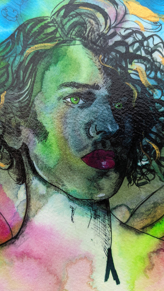 a non binary representation of the fairy king. An original painting of the fairy king, oberon, from a Midsummer nights dream, created by British female artist Dianne Bowell. created in inks and acrylic paints.