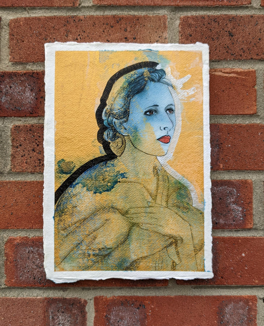 "Eos", is a Titaness and the goddess of the dawn, who rose each morning from her home at the edge of the Oceanus. Original modern mythological portrait, Gold is the dominating colour in this piece, creating the final layer, the gold here allows the figure to fade into the back ground. Eos was the Greek goddess of the Dawn, the gold layers represent the sunrise.