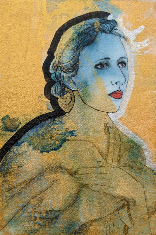 "Eos", is a Titaness and the goddess of the dawn, who rose each morning from her home at the edge of the Oceanus. Original modern mythological portrait, Gold is the dominating colour in this piece, creating the final layer, the gold here allows the figure to fade into the back ground. Eos was the Greek goddess of the Dawn, the gold layers represent the sunrise.