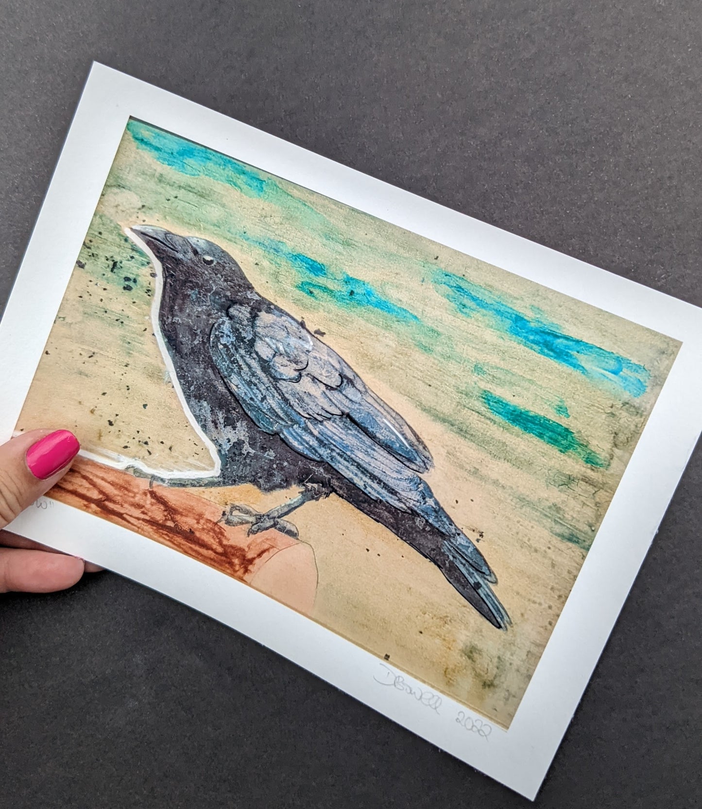 Print of the painting CROW, By British female artist Dianne Bowell, available in A4 or A5. Crow, corvid, artwork.