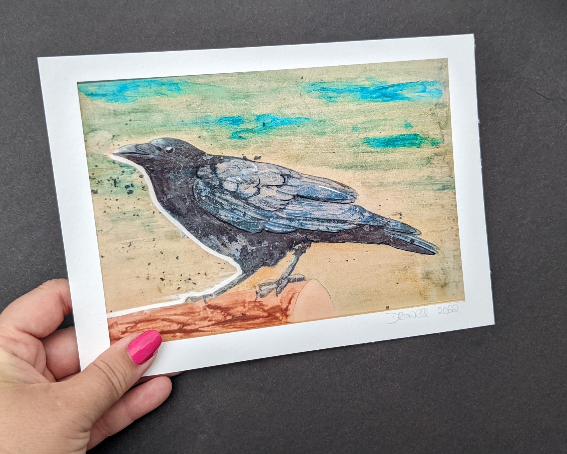 Print of the painting CROW, By British female artist Dianne Bowell, available in A4 or A5. Crow, corvid, artwork.