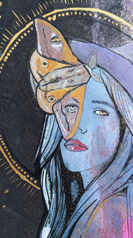 Morana (goddess)is a pagan Slavic goddess associated with seasonal rites based on the idea of death and rebirth of nature. This piece, created in October 2022, is an expression of the changing seasons, the leaves dropping from the trees, the onset of Halloween.