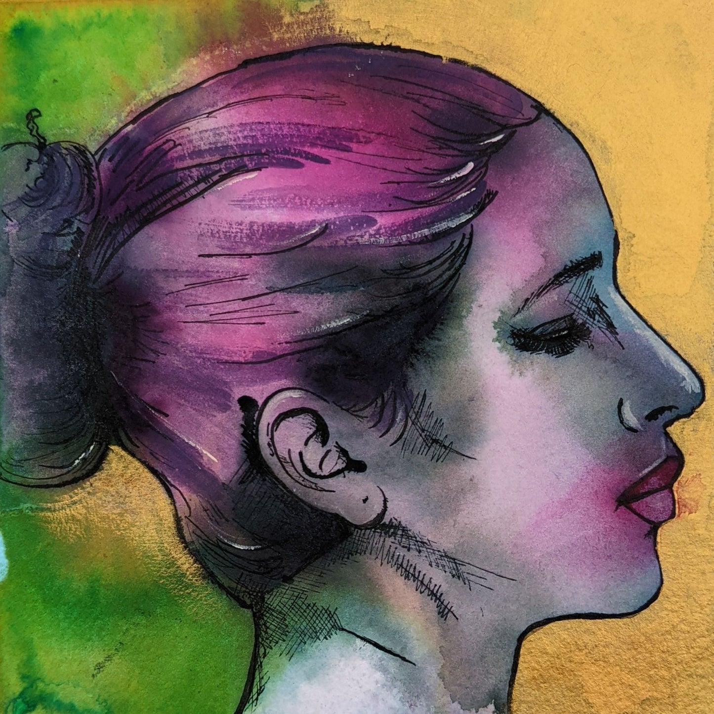 primrose, fairy maid to Titania from a Midsummer nights dream, and original ink painting by Dianne Bowell, female britsih artist from Middlesbrough