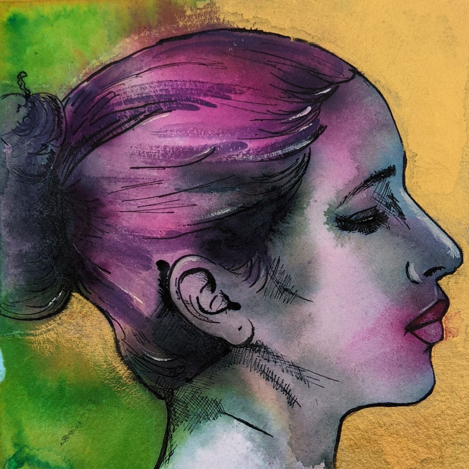 primrose, fairy maid to Titania from a Midsummer nights dream, and original ink painting by Dianne Bowell, female britsih artist from Middlesbrough