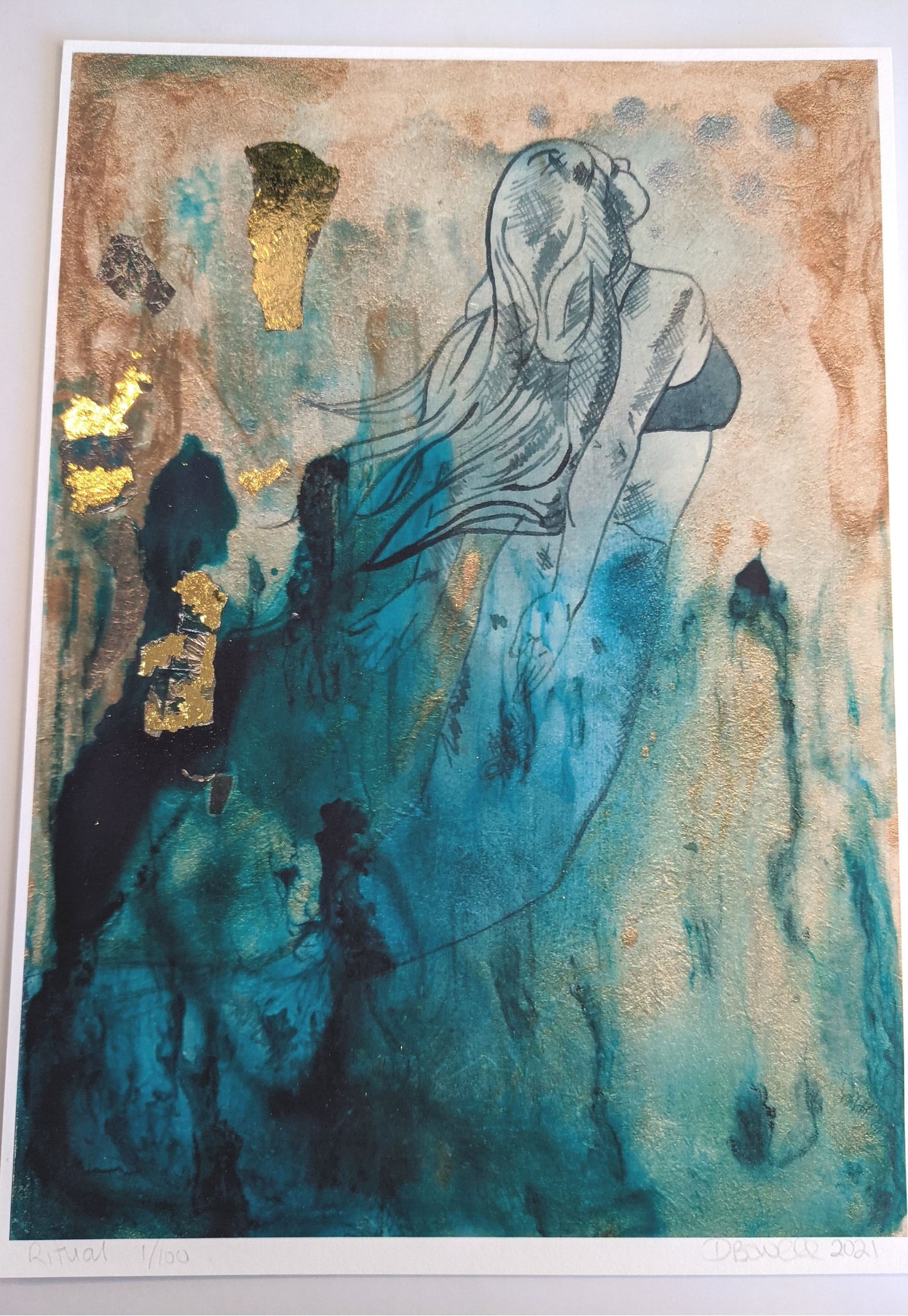 Print, Ritual Hand Embellished with gold leaf (A4)