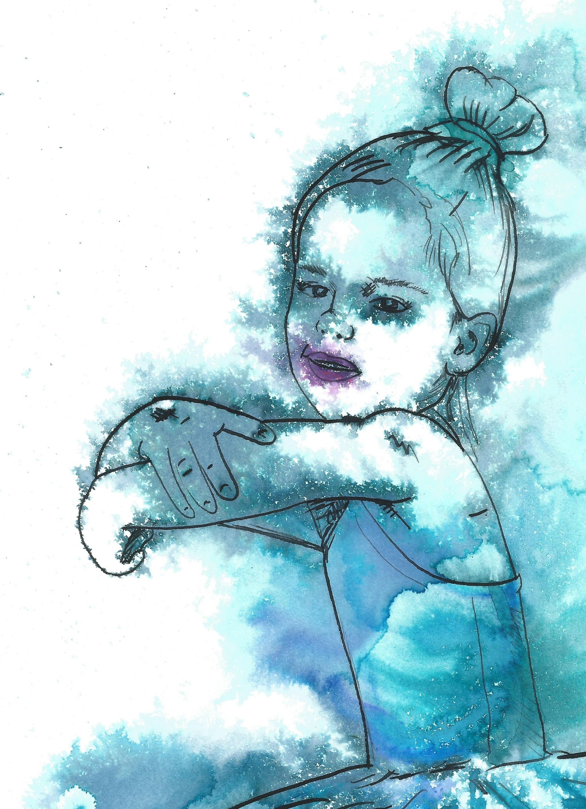 Blue Ballerina Littlw Girl, Little girl Dancing artwork, by British Female Artist Dianne Bowell, Middlesbrough Artist, Simple Minimalist Feel Good Artwork, great for Childs Bedroom decor.