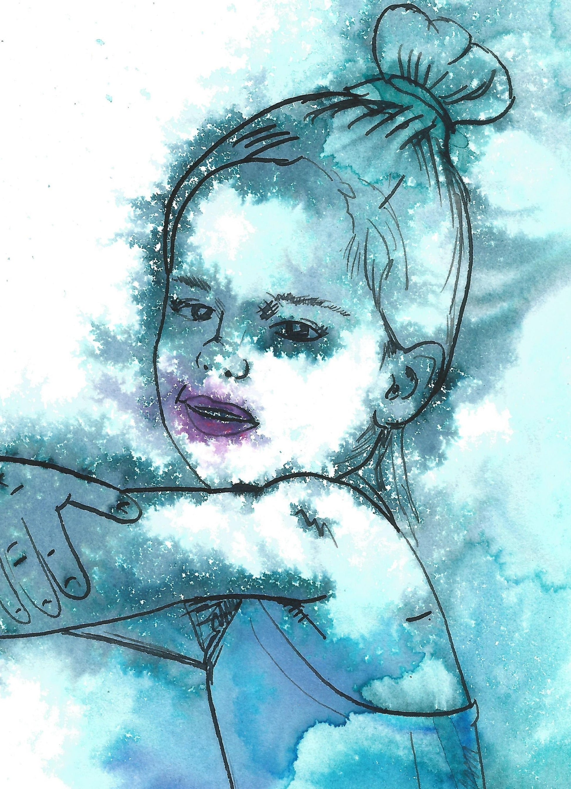 Blue Ballerina Littlw Girl, Little girl Dancing artwork, by British Female Artist Dianne Bowell, Middlesbrough Artist, Simple Minimalist Feel Good Artwork, great for Childs Bedroom decor.