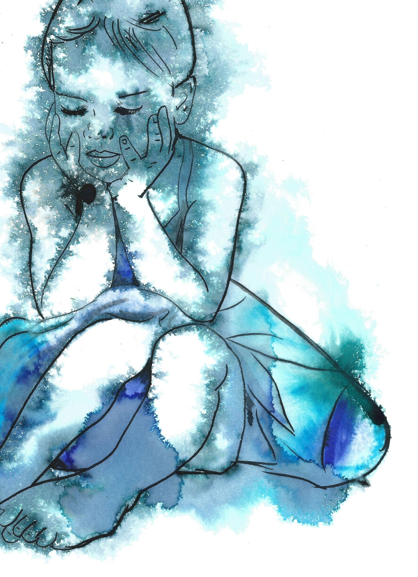 beautiful blue little girl ballerina artwork, simple minimalist blue fine art by Dianne Bowell, British Female artist