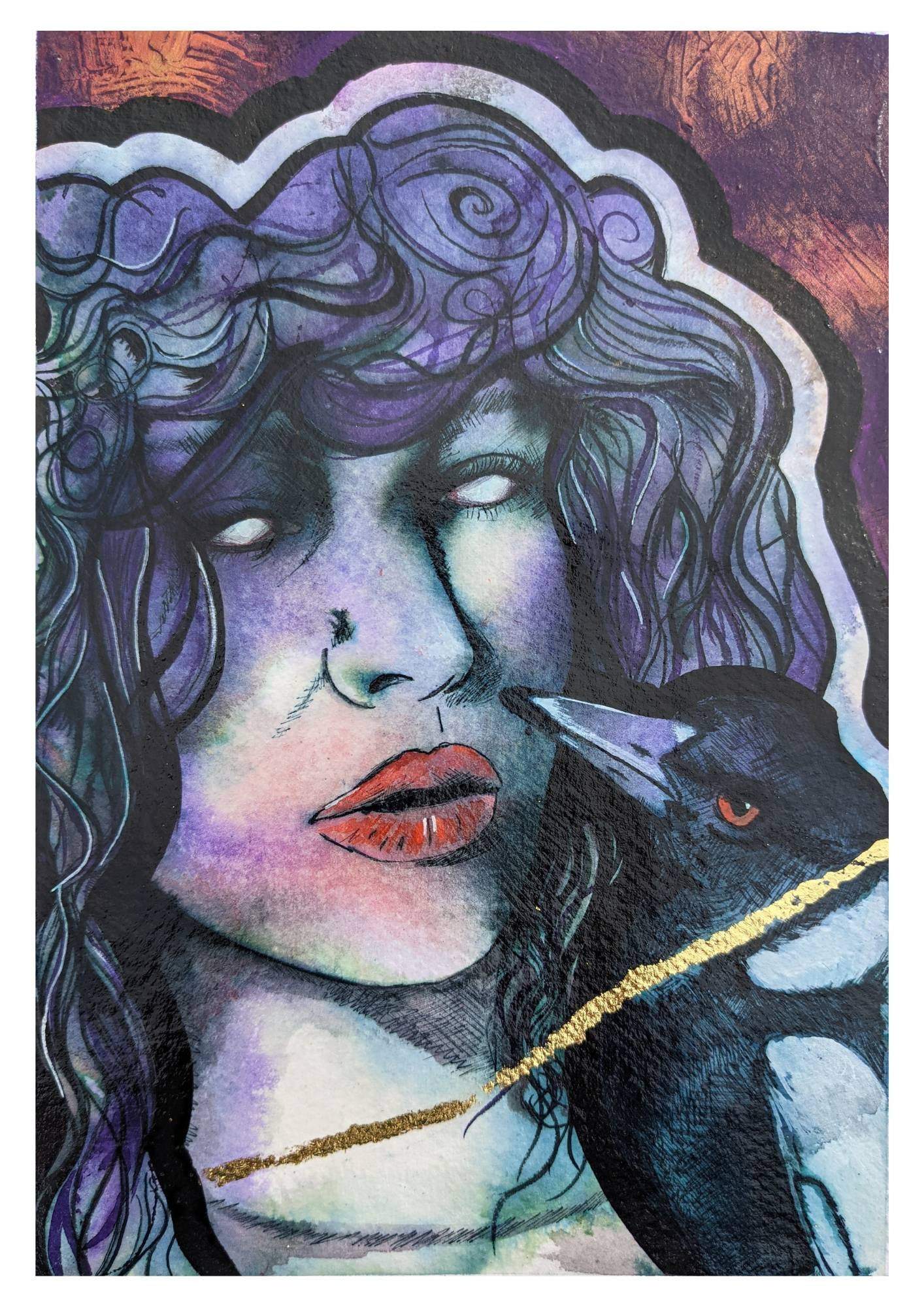 modern art print, my dark home, dark wall art,the morrigan with a magpie, giclee print, beautiful art print, cheap art print, directly from the artist Dianne Bowell, middlesbrough artist