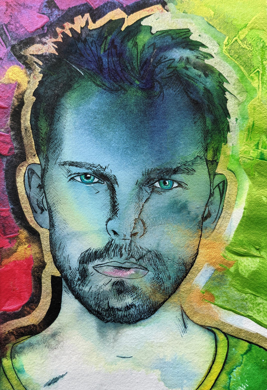 Original painting by dianne Bowell, british female artist, In Irish mythology, Aengus is one of the Tuatha Dé Danann and probably originally a god associated with youth, love, summer and poetic inspiration. The son of The Dagda and Boann, Aengus is also known as Maccan Óc ("the young boy" or "young son"), and corresponds to the Welsh mythical figure Mabon and the Celtic god Maponos.