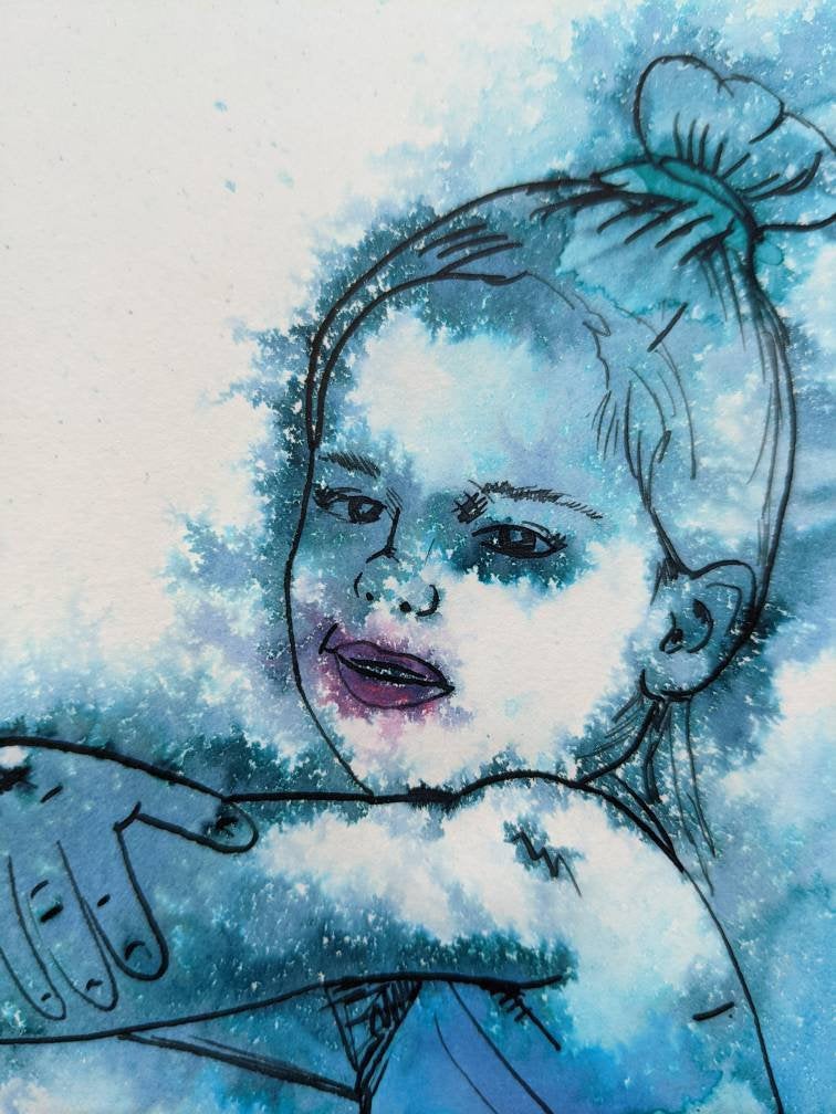 Blue Ballerina Littlw Girl, Little girl Dancing artwork, by British Female Artist Dianne Bowell, Middlesbrough Artist, Simple Minimalist Feel Good Artwork, great for Childs Bedroom decor.