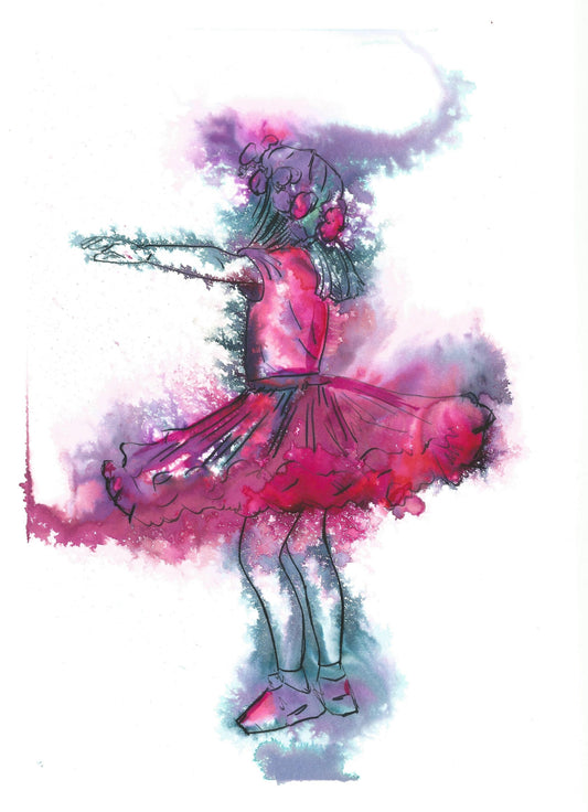 Swish Swish, a gorgeous simple minimalist Print from Middlesbrough Artist Dianne Bowell. child dancing painited in inks, fairy tales art, great for childs bedroom, little girls room decor.