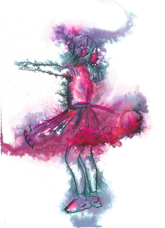 Swish Swish, a gorgeous simple minimalist Print from Middlesbrough Artist Dianne Bowell. child dancing painited in inks, fairy tales art, great for childs bedroom, little girls room decor