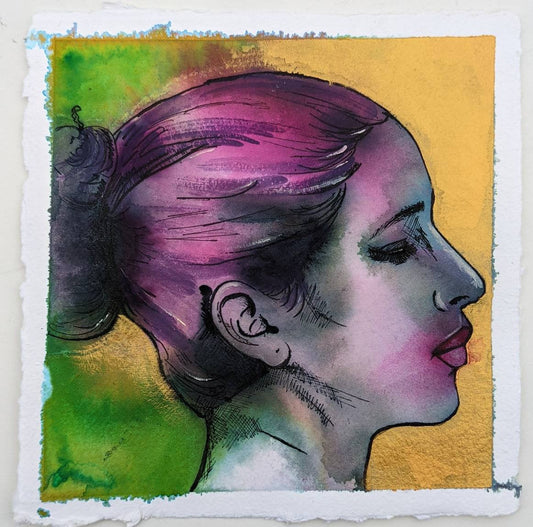 beautiful original painting, in inks with rich gold and green, primrose, fairy maid to Titania from a Midsummer nights dream, and original ink painting by Dianne Bowell, female britsih artist from Middlesbrough