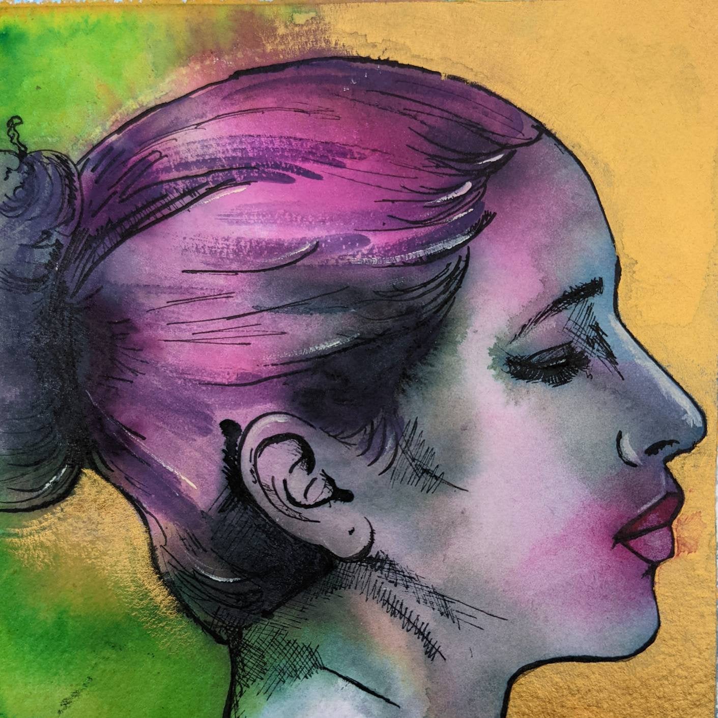 primrose, fairy maid to Titania from a Midsummer nights dream, and original ink painting by Dianne Bowell, female britsih artist from Middlesbrough