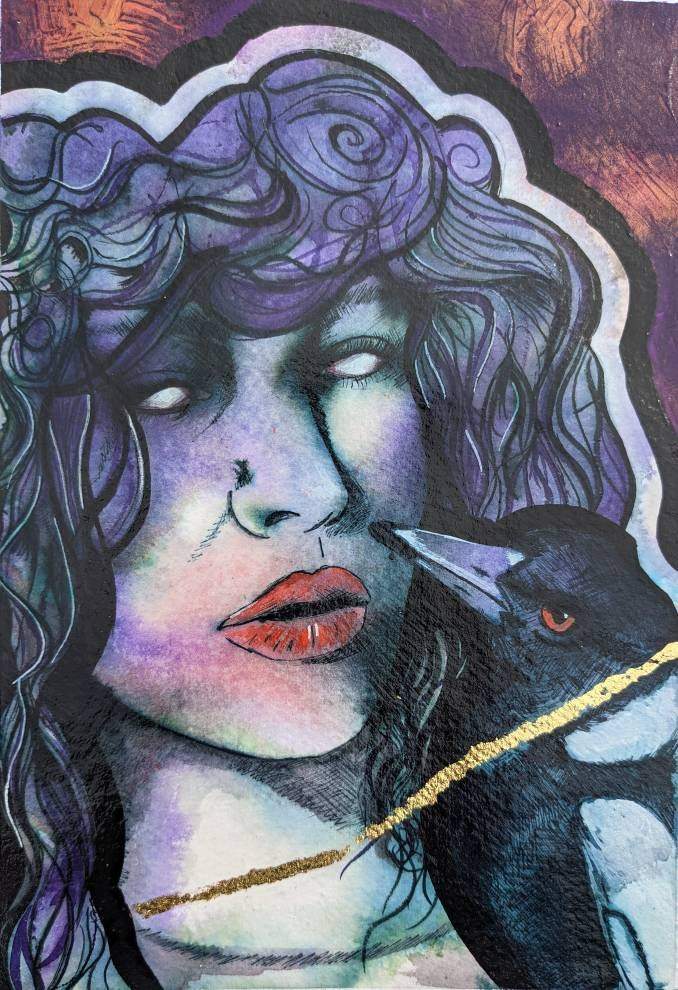 the Morrigan, magpie art, original painting by british female artist Dianne Bowell from Middlesbrough. Feminine ethereal painitng. purple and gold wall art