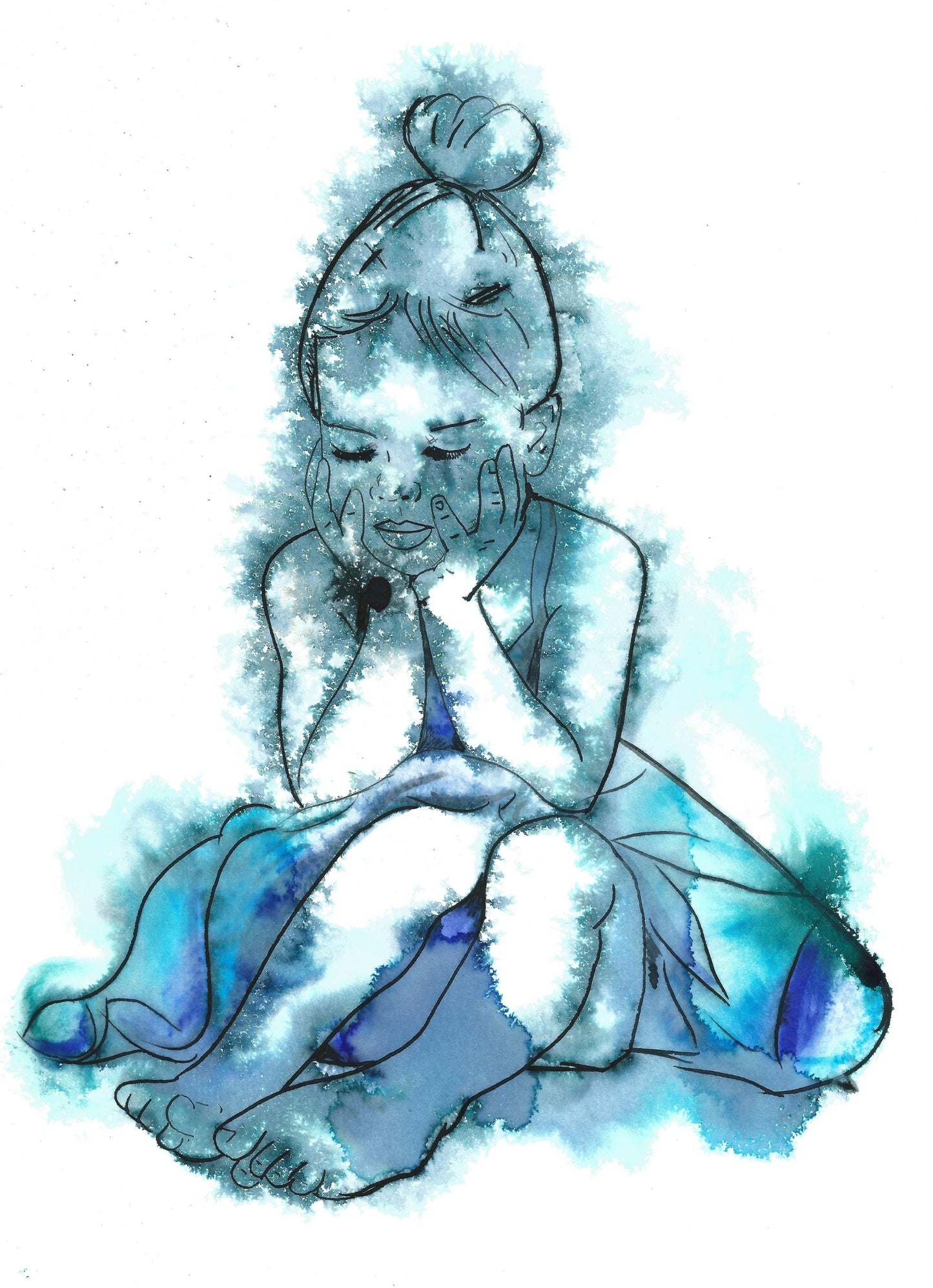 beautiful blue little girl ballerina artwork, simple minimalist blue fine art by Dianne Bowell, British Female artist