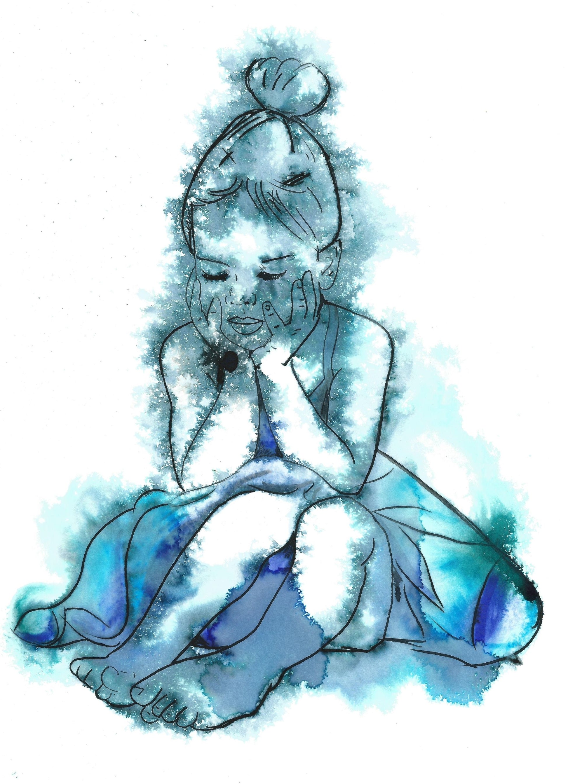 beautiful blue little girl ballerina artwork, simple minimalist blue fine art by Dianne Bowell, British Female artist