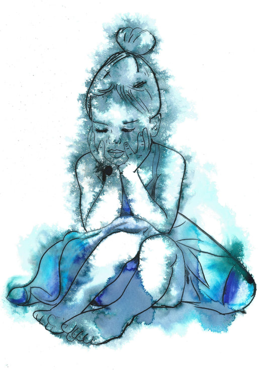 beautiful blue little girl ballerina artwork, simple minimalist blue fine art by Dianne Bowell, British Female artist