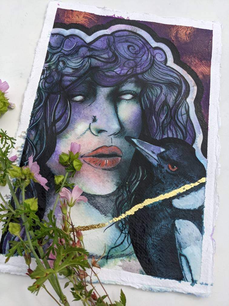 the Morrigan, magpie art, original painting by british female artist Dianne Bowell from Middlesbrough. Feminine ethereal painitng. purple and gold wall art