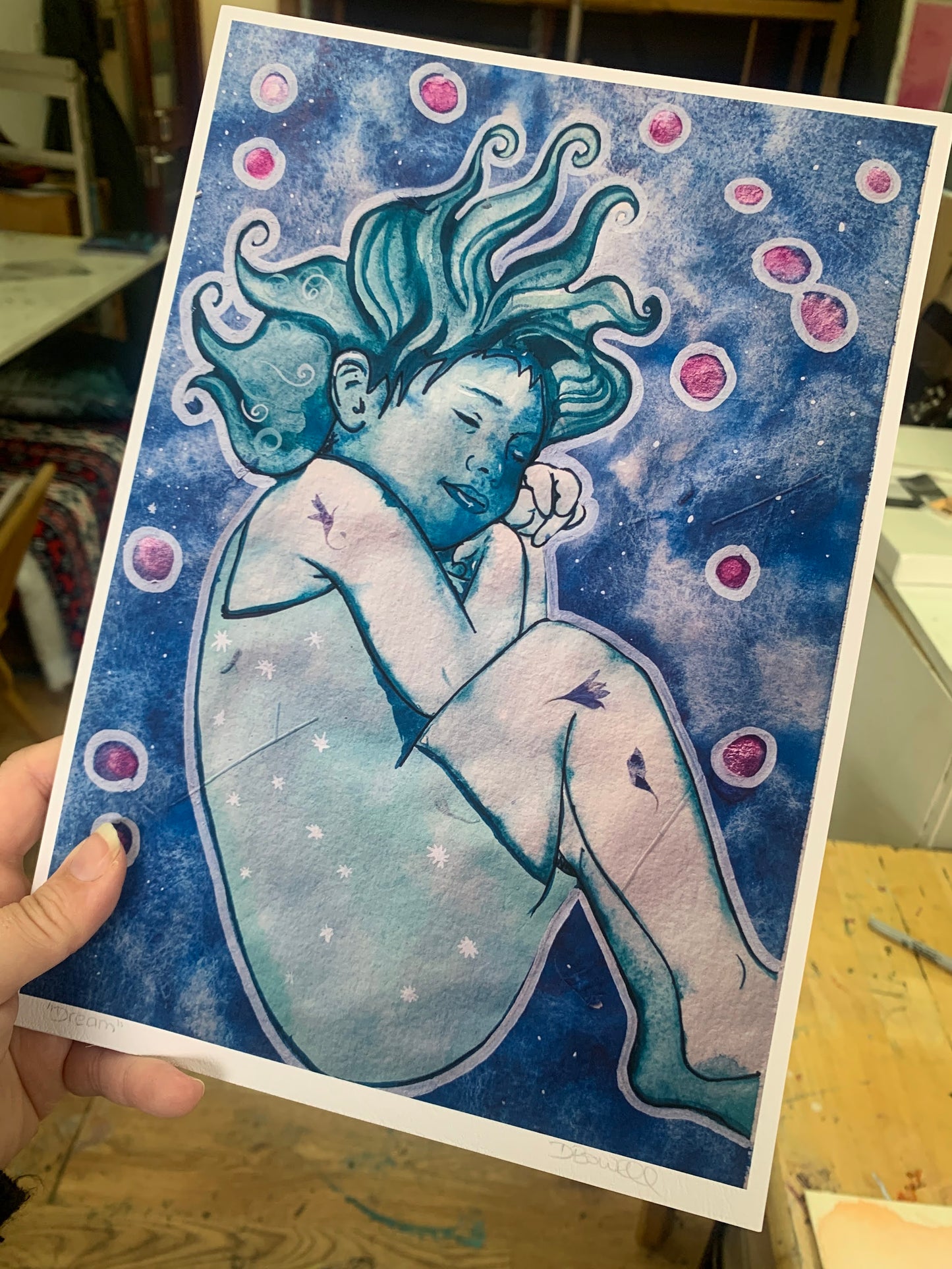 Dream print, by Dianne Bowell, Female Middlesbrough Artist. From Middlesbrough Art Studios Gilkes Street Artists. Contemporary art print, illustration from the snow queen. perfect for Childrens Bedroom wall art. 