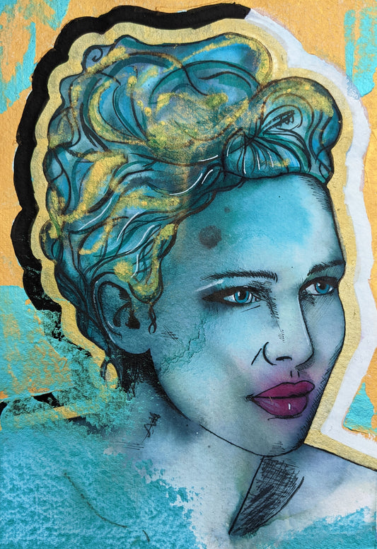 Branwen, celtic goddess, original painting by british female artist Dianne Bowell, Based in the Gilkes Street Artist Studios Middlesbrough in the Teessvalley, a gold and teal contemporary portrait