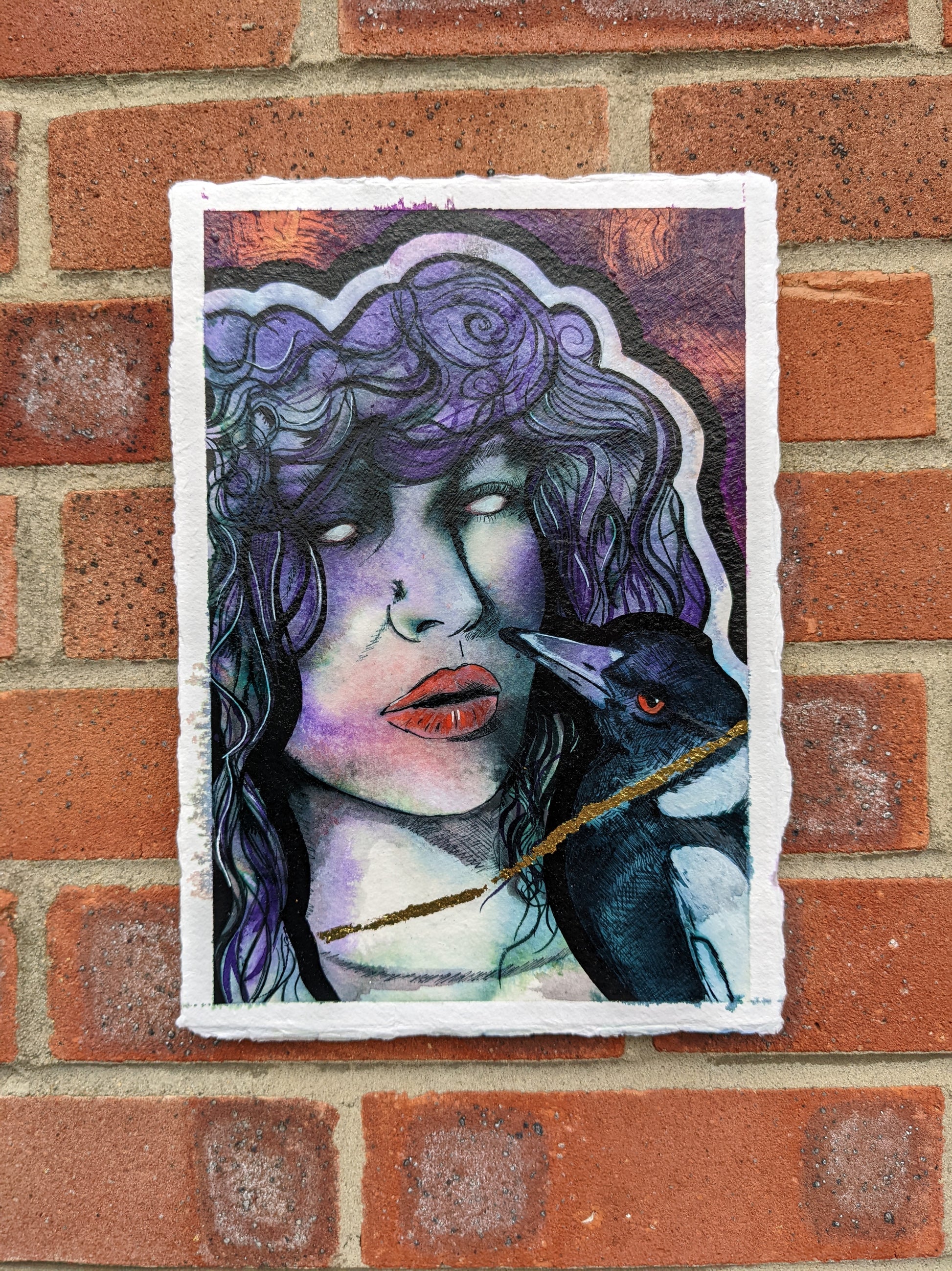 the Morrigan, magpie art, original painting by british female artist Dianne Bowell from Middlesbrough. Feminine ethereal painitng. purple and gold wall art