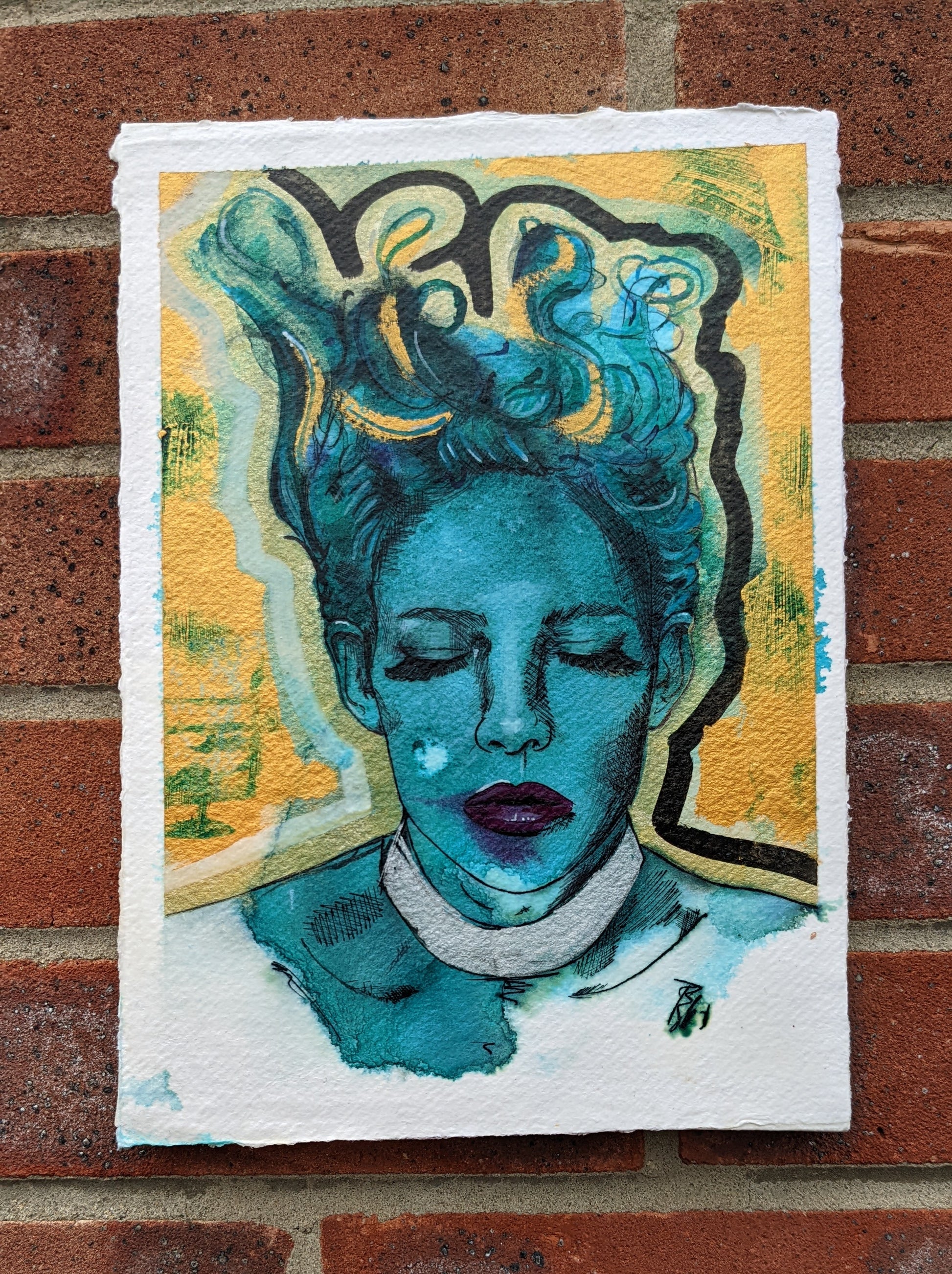 Aphrodite, an original ink and acrylic painting by Middlesbrough artist Dianne Bowell, the british female artist living in Teesside, Teesvalley, this painting of the greek goddess in teal and gold, an affordable original painting