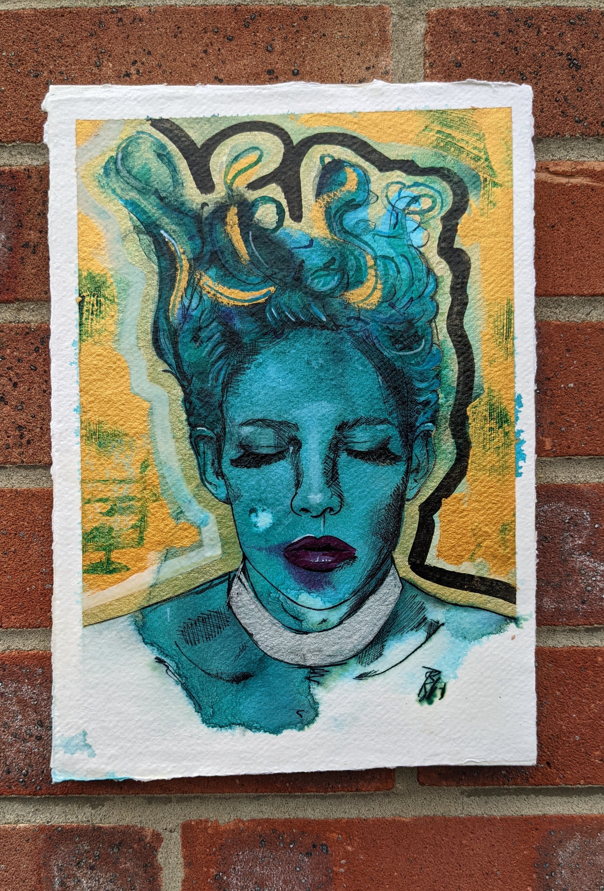 A beautiful original painting in gold and teal, painted with inks and acrylic paint, on handmade Khadi paper, by Dianne Bowell, middlesbrough artist