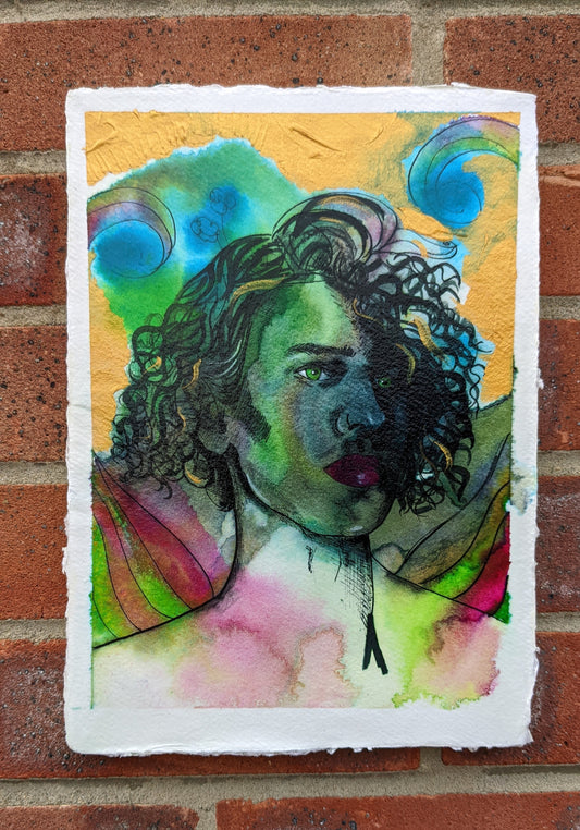 An original painting of the fairy king, oberon, from a Midsummer nights dream, created by British female artist Dianne Bowell. created in inks and acrylic paints.