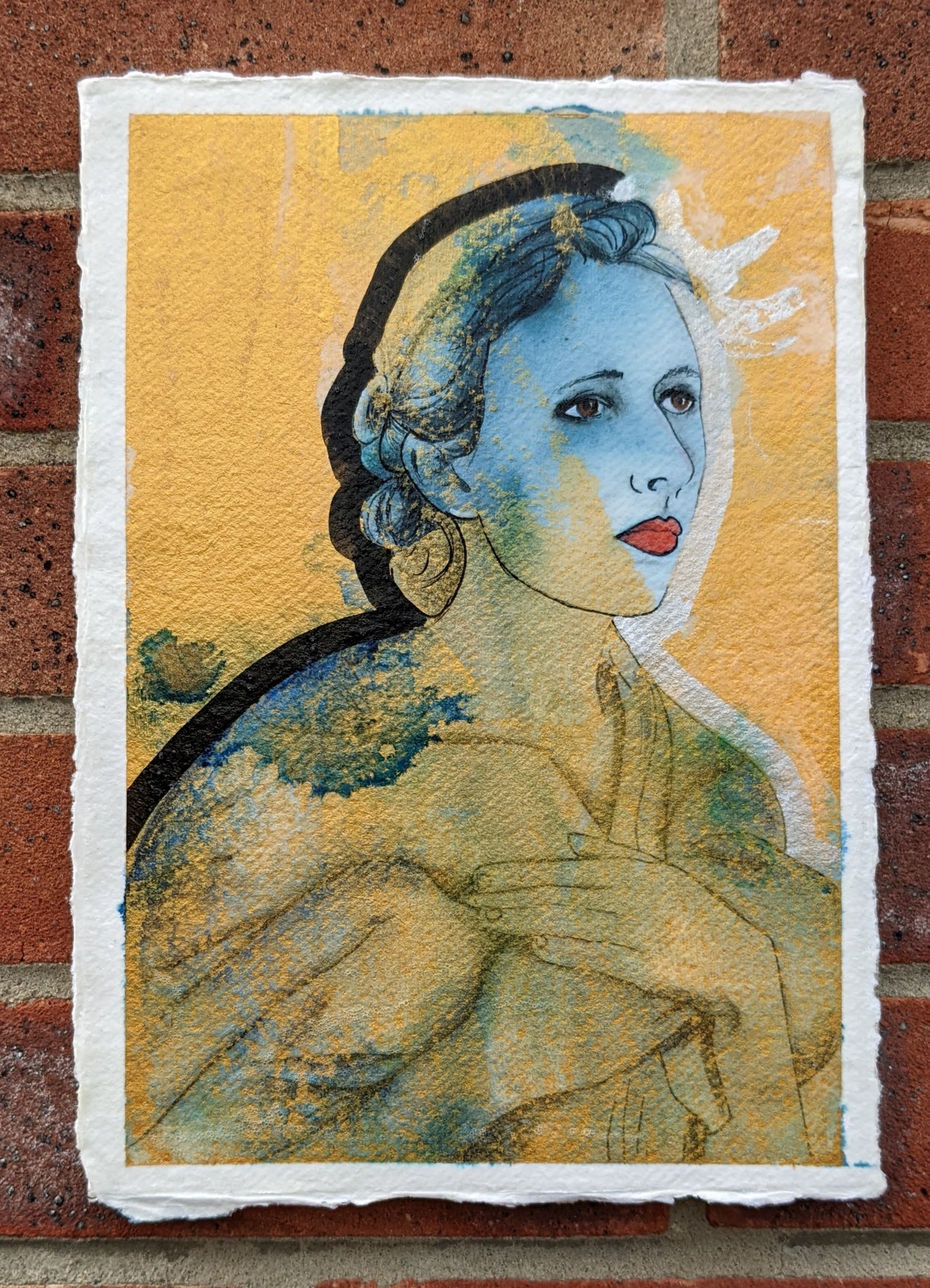 An original and totally unique painting of the Goddess Eos by British Female Artist Dianne Bowell who works out of her Middlesbrough art studio as part of the Gilkes Street Artists Group. Living and working in The Teesvally. a beautiful ephemeral feminine expressionistic painting in pale blue and gold. 