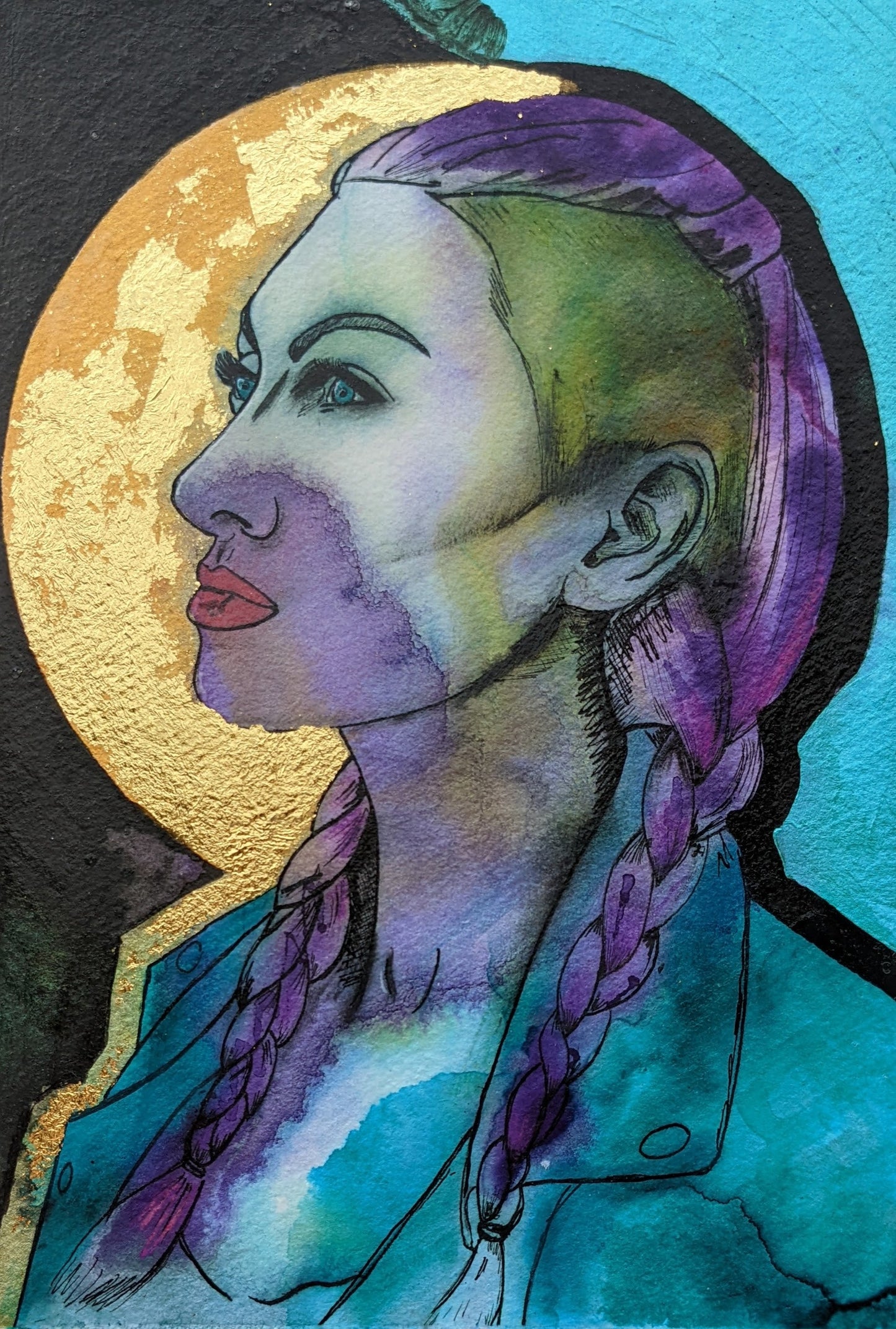 A painting of a celtic goddess, feminist image, original painting in blue, purple and black, with gold leaf, perfect gift. Middlesbrough artist available for commissions and murals,