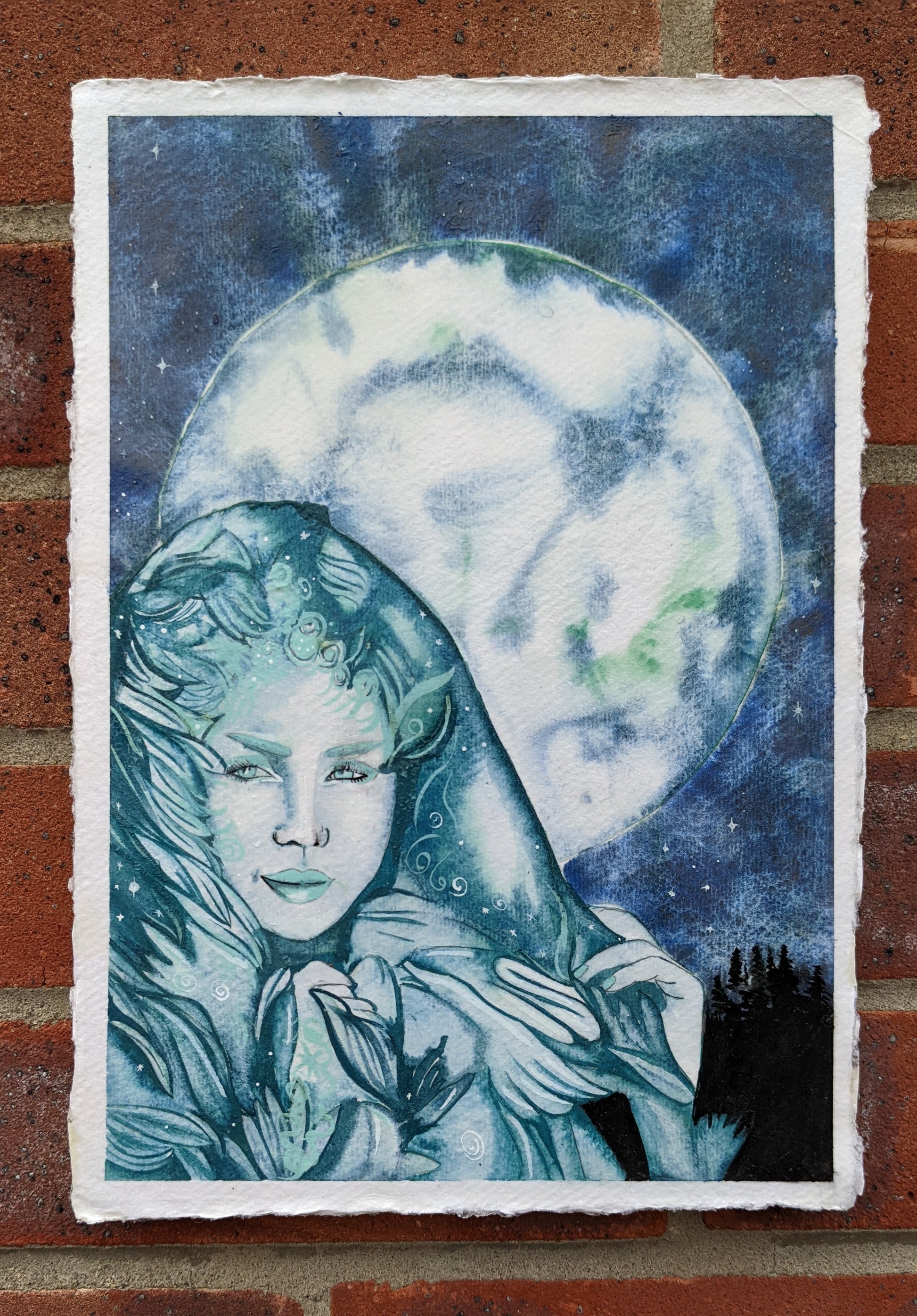 The Snow Queen, an original painting based on the original story by hans christian anderson, and illustrative image with a full moon