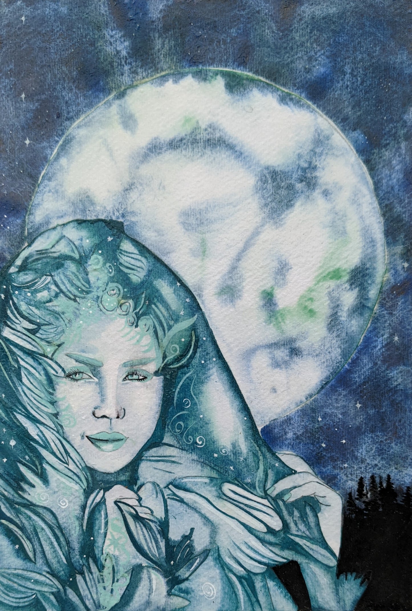 By Middlesbrough artist Dianne Bowell. The Snow Queen, an original painting based on the original story by hans christian anderson, and illustrative image with a full moon
