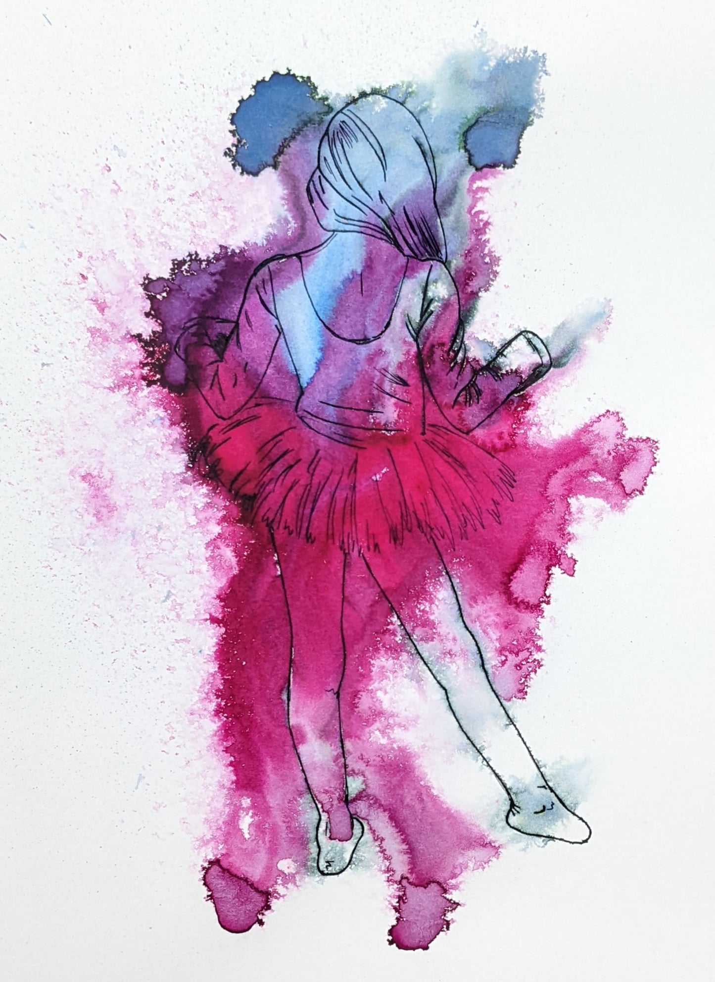 Original and prints of JOY, an original ink painting in pink and blue, a stunning addition to any contemporary home decor. by British female artist Dianne Bowell.