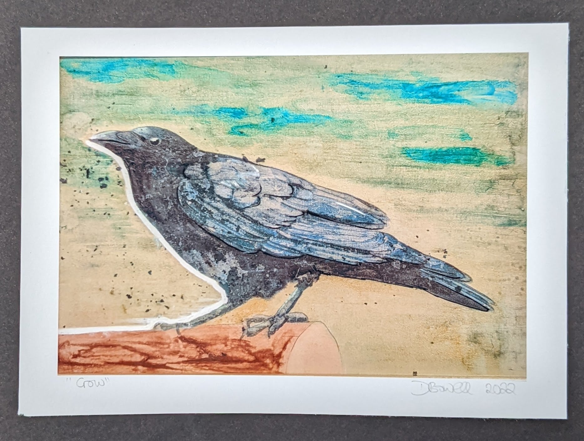 Print of the painting CROW, By British female artist Dianne Bowell, available in A4 or A5. Crow, corvid, artwork.