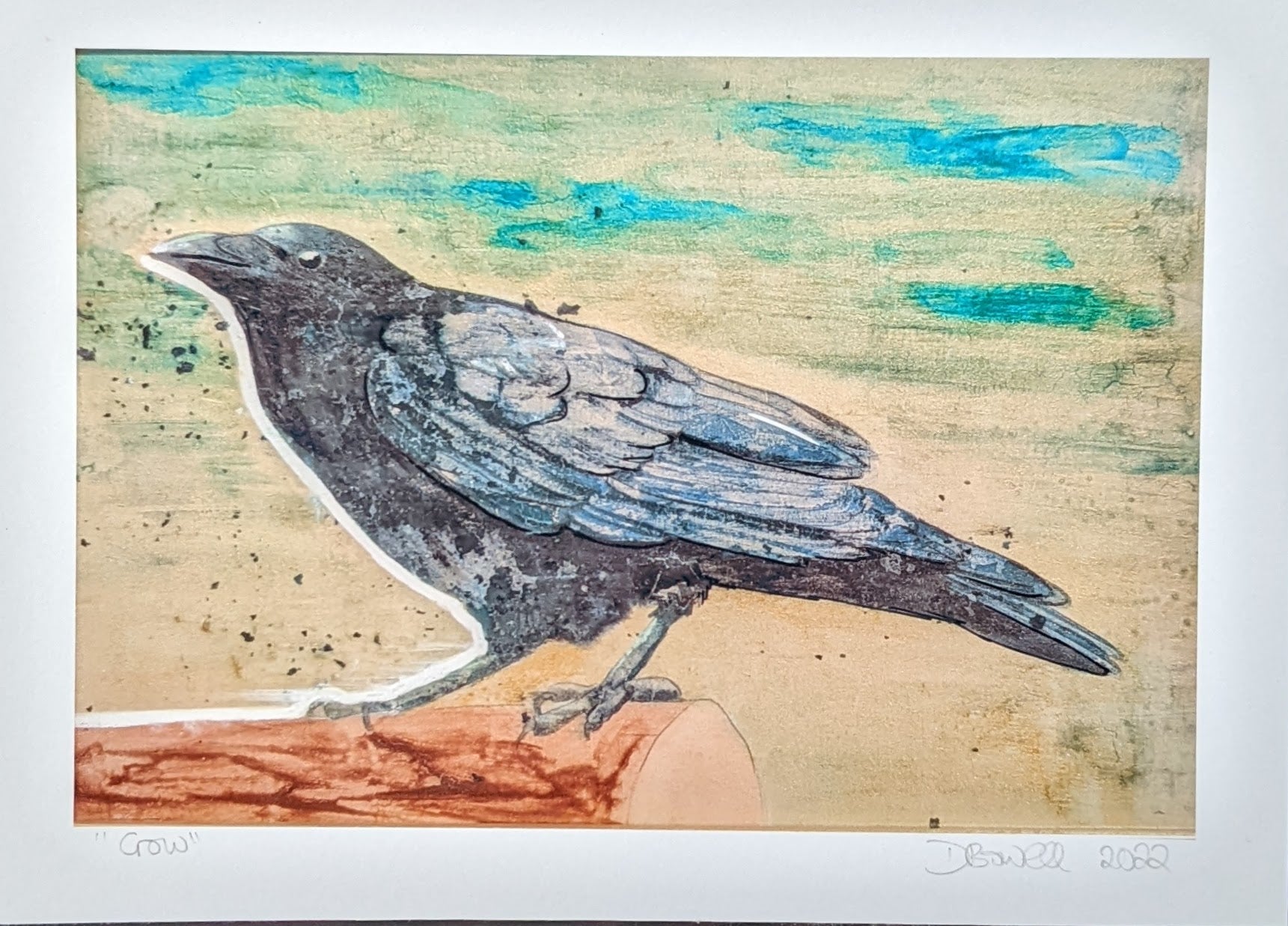 Print of the painting CROW, By British female artist Dianne Bowell, available in A4 or A5. Crow, corvid, artwork.