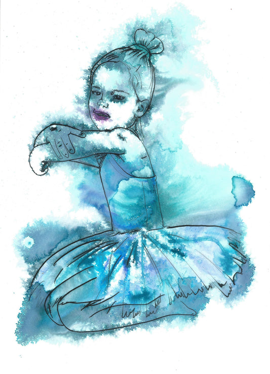 Blue Ballerina Littlw Girl, Little girl Dancing artwork, by British Female Artist Dianne Bowell, Middlesbrough Artist, Simple Minimalist Feel Good Artwork, great for Childs Bedroom decor.
