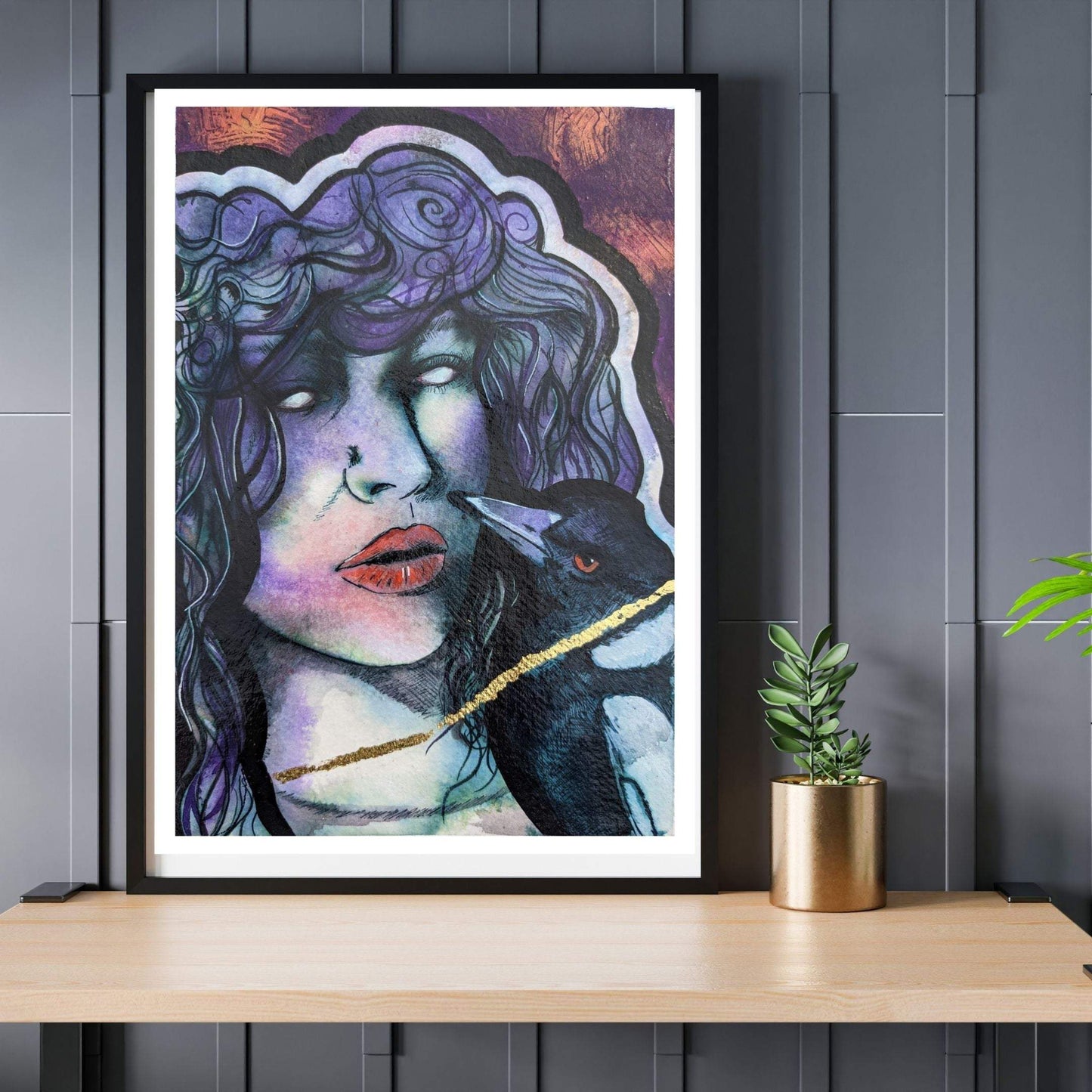 A contemporary image of a goddess, the morrigan with a magpie, giclee print, beautiful art print, cheap art print, directly from the artist Dianne Bowell, middlesbrough artist