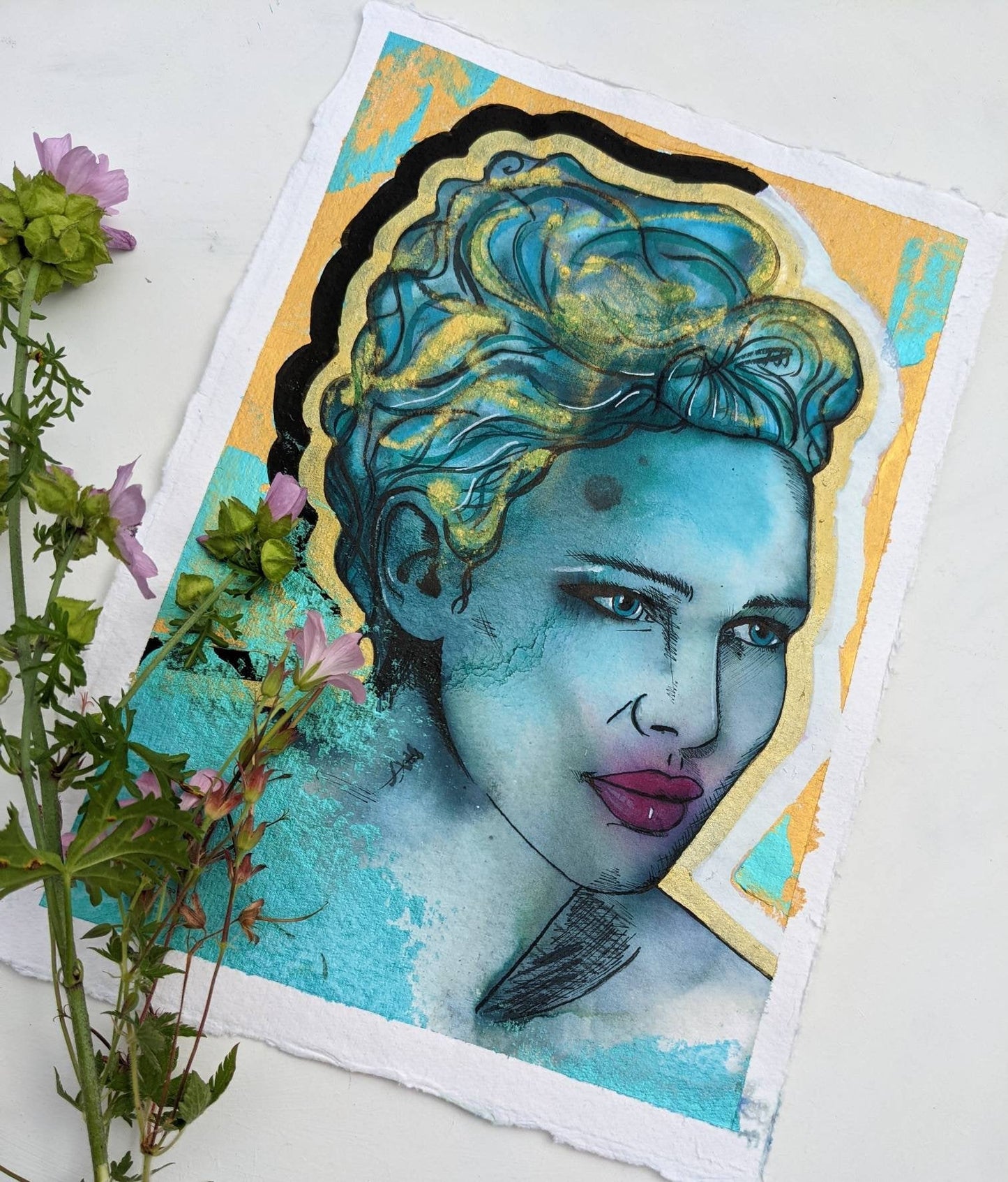 Branwen, celtic goddess, original painting by british female artist Dianne Bowell, Based in the Gilkes Street Artist Studios Middlesbrough in the Teessvalley, a gold and teal contemporary portrait