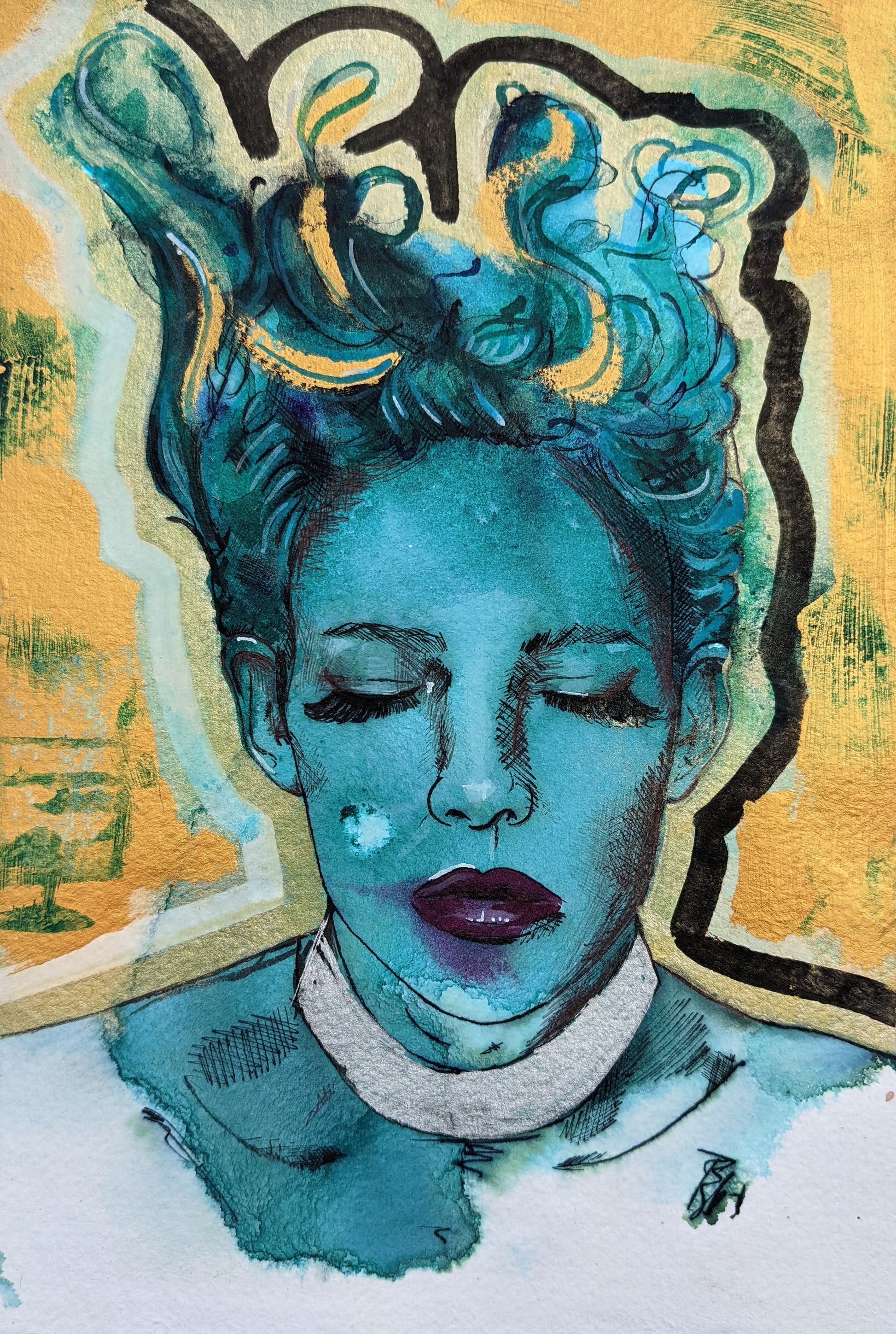 complete image of this fine art painting, Aphrodite, an original ink and acrylic painting by Middlesbrough artist Dianne Bowell, the british female artist living in Teesside, Teesvalley, this painting of the greek goddess in teal and gold, an affordable original painting